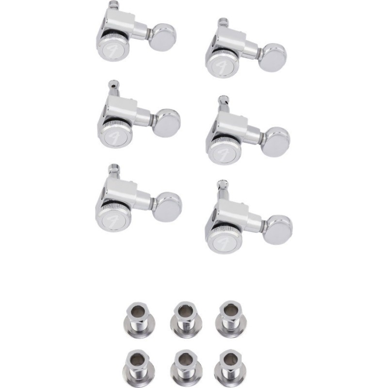 FENDER Staggered Locking Tuners with Vintage-Style Buttons, Polished Chrome (6) - vai con la sigla