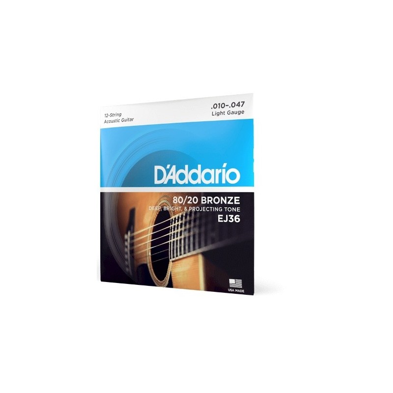 D'Addario EJ36 80/20 Bronze 12-String Acoustic Guitar Strings, Light, 10-47 - vai con la sigla