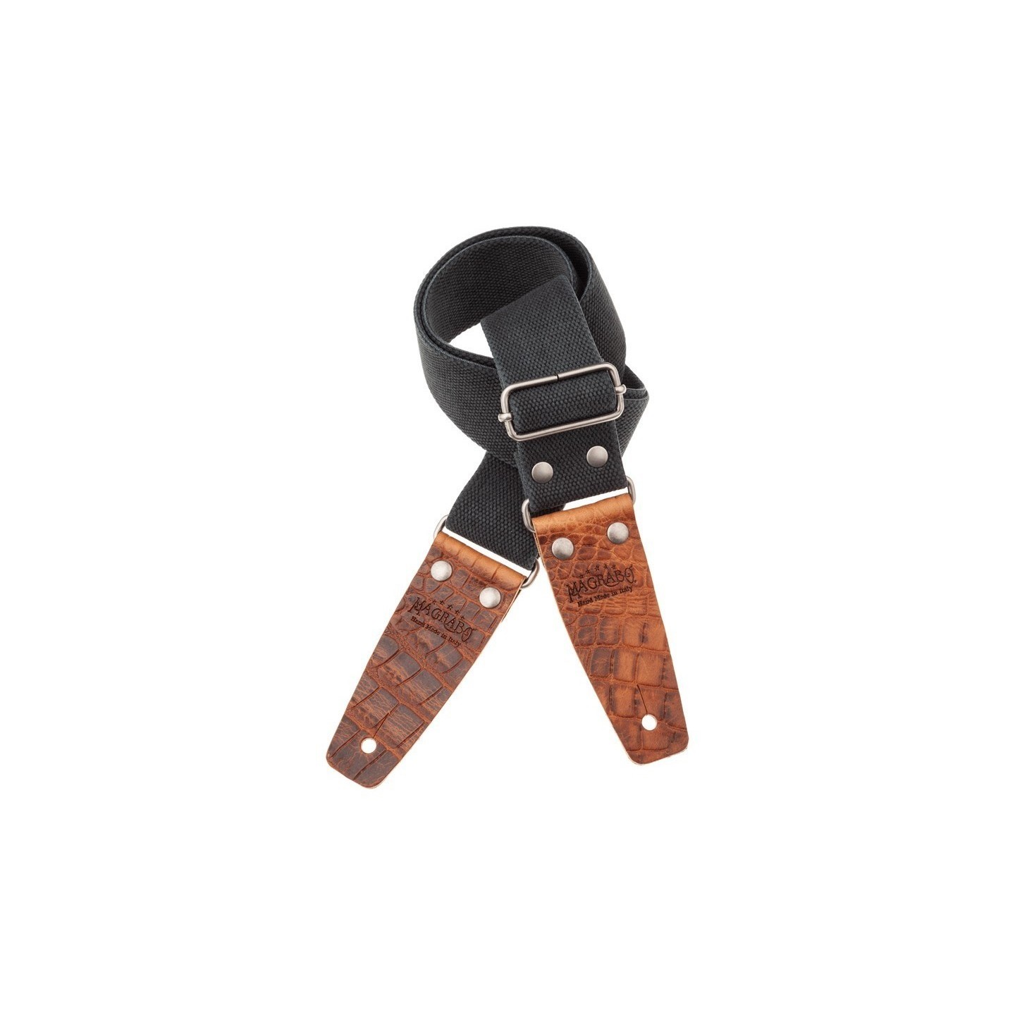 Magrabò Tracolla Stripe SC Entry Olded Nero 5 cm terminali Embossed Cocco Pros Marrone fibbia Argento Antico - vai con l