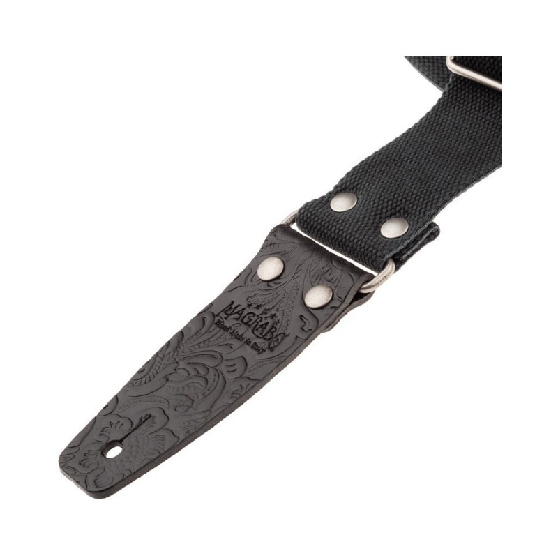 Magrabò Tracolla Stripe SC Entry Olded Nero 5 cm terminali Embossed Flores Nero fibbia Argento Antico - vai con la sigla