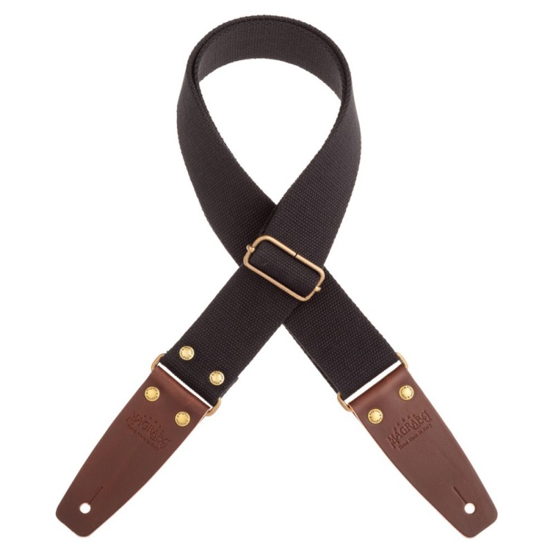 Magrabò Tracolla Stripe SC Entry Nero 5 cm terminali Marrone Scuro fibbia Ottone Antico - vai con la sigla