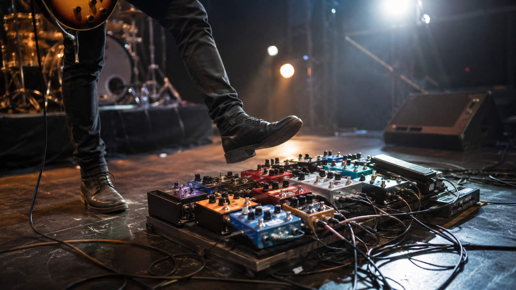 Pedaliera complessa con numerosi effetti e cavi durante un concerto