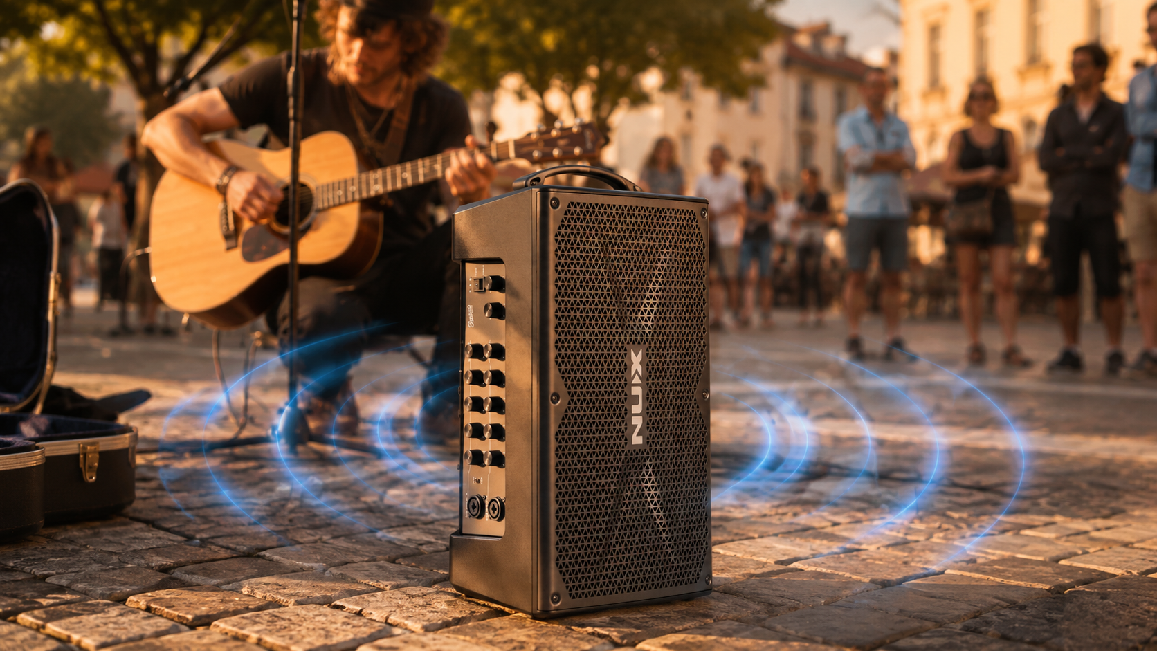 NUX NBA-200FR utilizzata da un musicista di strada, cassa portatile a batteria potente e compatta