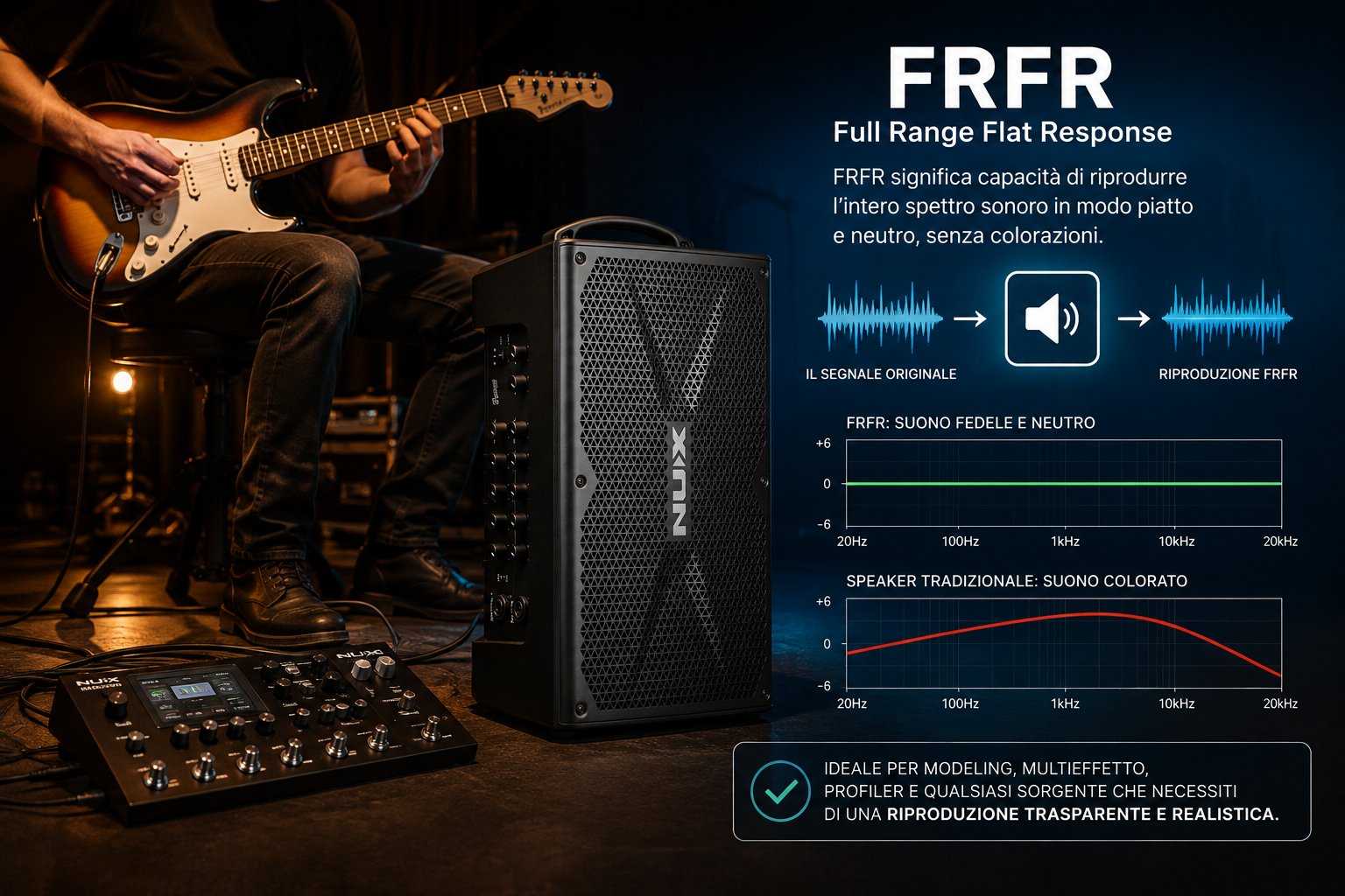 NUX NBA-200FR collegata a un multieffetto per chitarra con spiegazione della tecnologia FRFR